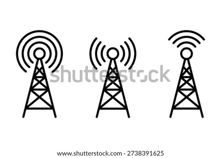 Antenna tower icon set. Wireless communication icons. Radio antenna icon. Communication tower icons. Radio tower icons. Transmitter, receiver, wireless signal icons.