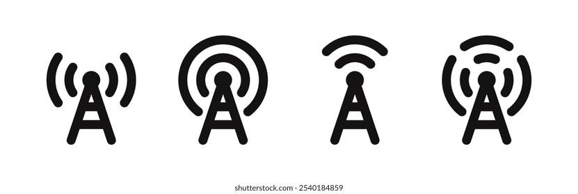 Conjunto de ícones da torre da antena. Sinal de rádio sem fio, torres de comunicação, torre de rádio, transmissor, sinal sem fio do receptor. Ilustração vetorial.