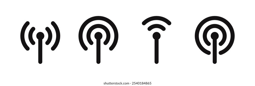 Conjunto de ícones da torre da antena. Sinal de rádio sem fio, torres de comunicação, torre de rádio, transmissor, sinal sem fio do receptor. Ilustração vetorial.