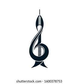 Antenna tower shaped treble clef icon. Music and telecommunication concept design.