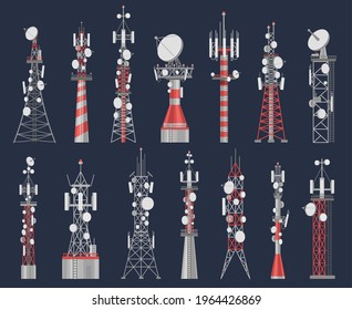 Antenna towers. Radio tower station for cell communication with wireless signal. Telecom network construction for mobile internet vector set. Equipment for air connection, powerful station