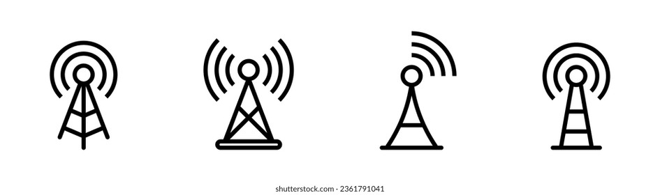 Antenna vector icons. Communication tower icons. Transmitter symbol set. Wireless antenna icons. EPS 10