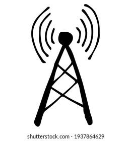 Antenna with waves icon, radio, wireless connection concept. Simple vector illustration in sketch doodle style.