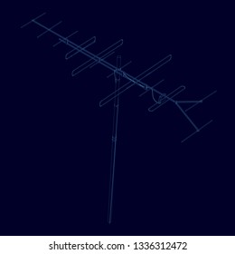 Antenna wireframe of blue lines on a dark background. Contour detailed antenna. Communication antenna isolated on a dark background. Vector illustration