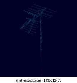 Antenna wireframe of blue lines on a dark background. Contour detailed antenna. Communication antenna isolated on a dark background. Vector illustration