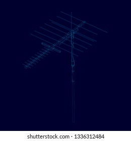 Antenna wireframe of blue lines on a dark background. Contour detailed antenna. Communication antenna isolated on a dark background. Vector illustration