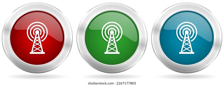 Antenna, wireles communication vector icon set. Red, blue and green silver metallic web buttons with chrome border