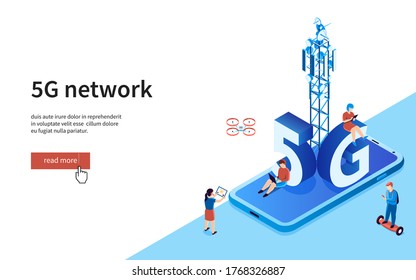 Antenna for wireless network standing on mobile phone. 5G network wireless technology. People with gadgets use high-speed internet. Isometric vector illustration