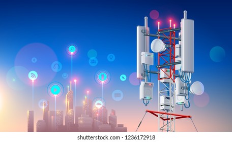 Antenna for wireless network. Telecommunication cellular station for smart city connections mobile equipment. Broadcasting tower for high speed internet communication. Tech background