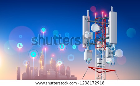 Antenna for wireless network. Telecommunication cellular station for smart city connections mobile equipment. Broadcasting tower for high speed internet communication. Tech background