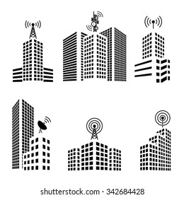 Antennas on buildings in the city icon set