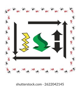 Ant-Framed Design with Arrows and Green Leaf Symbol