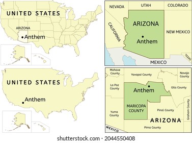 Anthem census-designated place location on USA, Arizona state and Maricopa County map