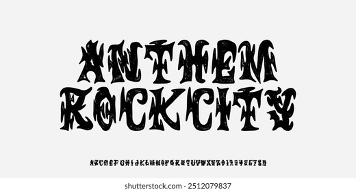 Hymnen-Schriftart. Gothic Schrift Alphabet, Buchstaben Typografie Druck, dunkle Vintage beängstigende Schrift. Rock Plakat Zeichen, Metall Musik handschriftlich Graffiti, magische Kalligraphie. Vektorgrafik