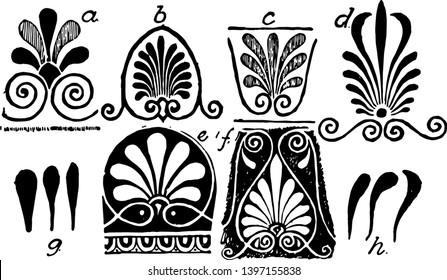 Anthemion Variations es un ejemplo de ocho diseños de antemión griegos de líneas vintage o ilustración de grabado.