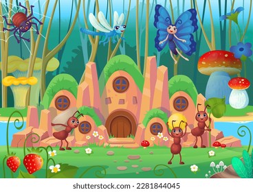 Anthill with ants. Background for children in cartoon style.Scene of insects. House with many windows in the mountain. Stone house.