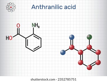 Anthranilsäure-Molekül. Es ist Aminobenzoesäure. Strukturchemische Formel und Molekül-Modell. Blatt Papier in einem Käfig. Vektorgrafik