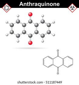 Anthraquinone chemical structure, quinone class, scientific vector 2d and 3d illustration, isolated on white background, eps 10