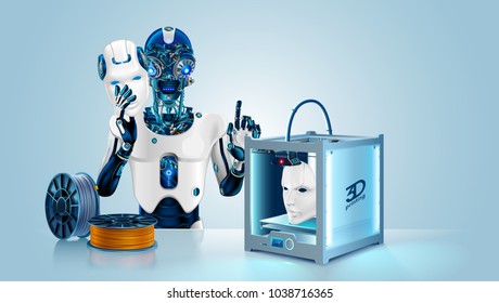 Anthropoid robot printed mask on 3d printer. Cyborg with Artificial intelligence hide metal head and brain under mask. 3d printing technology help robot create prototype humanoid face. Filament coil.