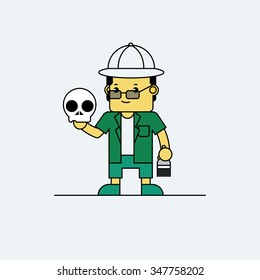 Anthropologist holding skull in hand, Cartoon vector illustration.