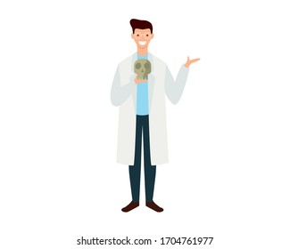 Anthropologist with Lab Coat Holding Skull Illustration