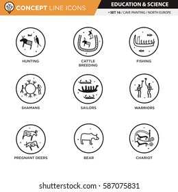 Anthropology and cave painting theme black line icons in white isolated background used for school and university education, create by vector