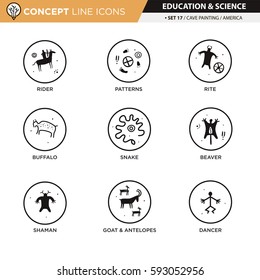 Anthropology and cave painting theme black line icons in white isolated background used for school and university education, create by vector