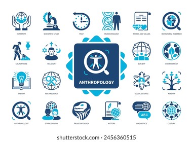 Anthropology icon set. Archaeology, Palaeontology, Excavations, Humanity, History, Past, Religion, Ethnography. Duotone color solid icons