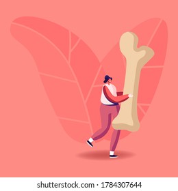 Anthropology Scientist, Archeologist Female Character Work on Excavations, Exploring Ancient Artifacts, Studying Ancient Human Fossil. Tiny Woman Carry Huge Skeleton Bone. Cartoon Vector Illustration