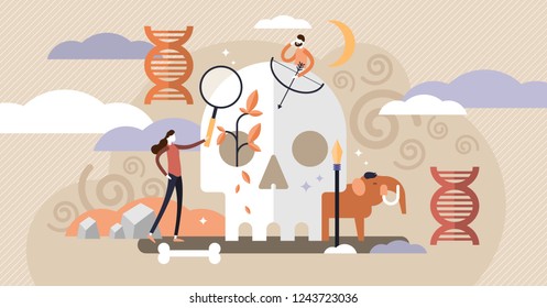 Anthropology Vector Illustration. Ancient Mini Persons Concept With Skull, Bones And Mammoth. DNA And Paleolithic Research For Neanderthal Or Prehistoric Testimonies. Educational Culture Exploration.