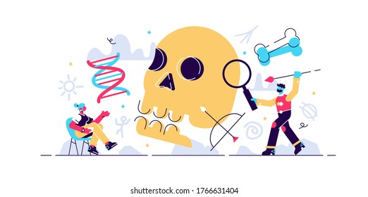 Anthropology Vector Illustration. Ancient Mini Persons Concept With Skull, Bones And Mammoth. DNA And Paleolithic Research For Neanderthal Or Prehistoric Testimonies. Educational Culture Exploration.