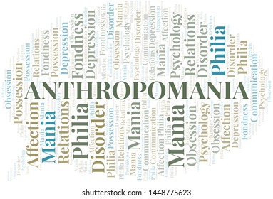 Anthropomania word cloud. Type of mania, made with text only.
