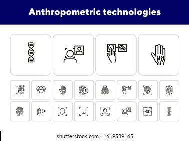 Anthropometric technologies line icon set. Scanning, identification, genes. Authentication concept. Can be used for topics like comparative analysis, criminology, forensics