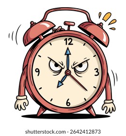 An anthropomorphic alarm clock with an angry face and arms is ringing. The clock hands point to seven o'clock.
