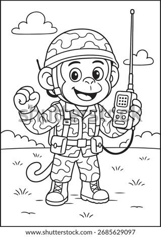 Anthropomorphic Animals, coloring page, A monkey operator transmits messages from a busy communication post.