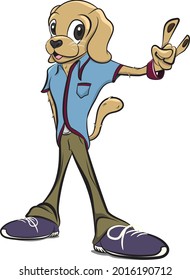 Anthropomorphic Animals. Human body with dog Head wearing cool clothes. Cool Dog Character wearing blue shirt and brown pants. K9 Anthropomorphism. Animals Dressed as Humans.