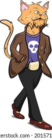 Anthropomorphic Animals. Human with Cat Head wearing cool clothes. Animals Dressed as Humans. Feline Anthropomorphism. Cool Street Cat Character wearing Jacket Jeans and Shoes.