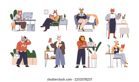 Anthropomorphic animals with phones, computers, books set. Funny fancy characters with bear, lion, tiger, fox, giraffe heads and human bodies. Flat vector illustrations isolated on white background