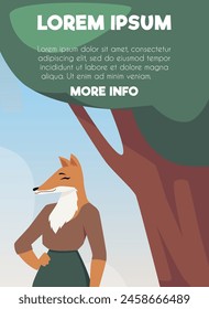 Animales antropomórficos. Un afiche que representa a un zorro vestido de humano sobre un fondo de cielo azul bajo un Grande árbol. Arte vectorial para volantes con espacio de texto.