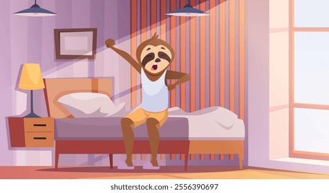 Anthropomorphic animals. Sloth wakes up on his bed in the interior of the room