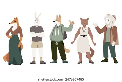 Animales antropomórficos Vector conjunto de ilustraciones planas. Lindo perro peludo vestido, zorro, gato, oveja y liebre. Mamíferos de dibujos animados posando de largo en ropa de moda casual aislado en blanco