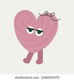 Anthropomorphic avatar, drawn little man. Flat design, pink heart, displayed reaction. Cartoon mascot, social network, funny face. Isolated on white
