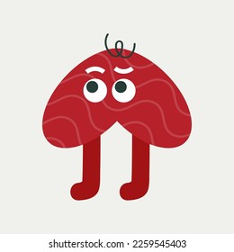 Anthropomorphic avatar, toy little man. Emoji sticker, red squiggly line, looks to the left. Cute icon, colorful shape, drawing character. Isolated on white
