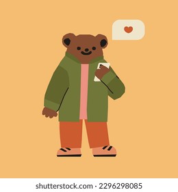 Anthropomorphic Bear with phone cartoon character. Flat vector illustrations isolated on white background