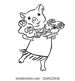 anthropomorphic black and wite pig with posy