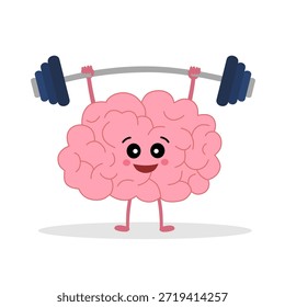 Um personagem antropomórfico do cérebro com uma determinada expressão levantando halteres, simbolizando a saúde do cérebro, exercício e treinamento de força mental.