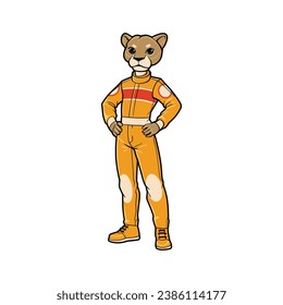 Anthropomorphic Cartoon character of Lion wearing Racing uniform standing full body view