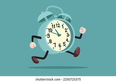
Anthropomorphic Cartoon Clock Running Away Vector Concept Illustration. Funny retro alarm clock character being late and busy
