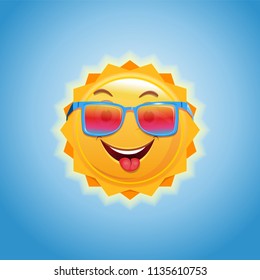 Anthropomorphic cartoon sun in sunglasses. A cheerful smiling sun against a blue sky. Vector illustration
