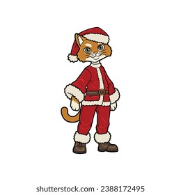 Anthropomorphic Cat mascot character wears santa claus outfit for christmas celebration